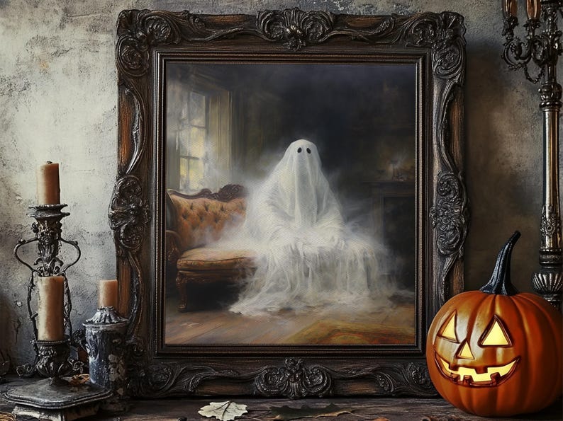 The Ghost Sits On The Sofa, Framed Canvas or Canvas Print, Gothic Victorian Halloween Painting, Cool Halloween Decor image 14