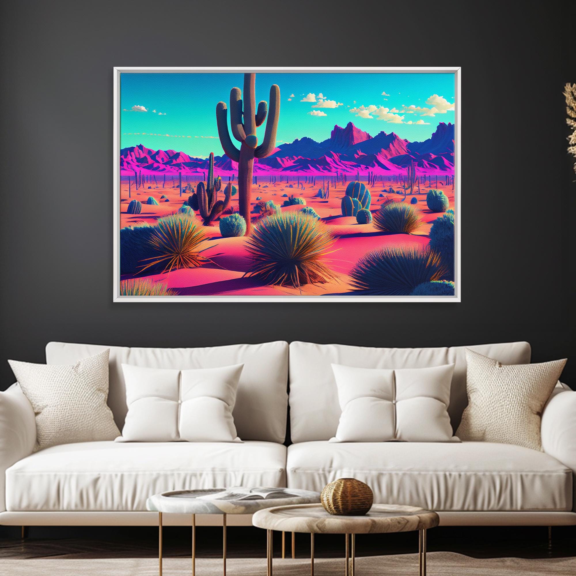 Synthwave Style Cactus Art, Retro Desert Abstract, Framed Canvas