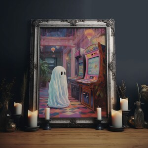 Cute Little Boo, The Phantom Of The Arcade, Vaporwave Style Halloween Decor, Vintage Halloween, Retro Vibes Horror Print, Ghost Art