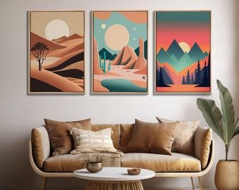 Set of 3 Desert Canvas Prints, Four Peaks Arizona Wall Art, 3 Piece Print Set, Arizona Desert, Boho Print, Modern Wall Art, Framed Canvas