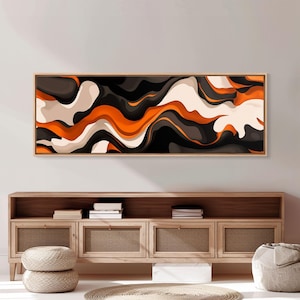 Retro Abstract Art, Framed Canvas Print, Orange, Black and White Wall Art, Oversized Extra Wide Wall Art