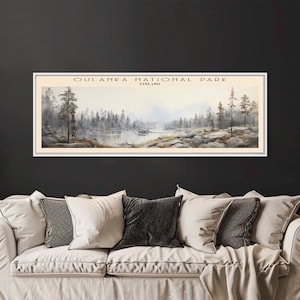 Oulanka National Park Travel Art Framed Canvas Print, Finland, Home Decor, Travel Poster, Vintage Wall Art, Panoramic Watercolor Painting