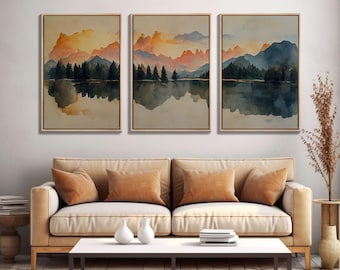 Forest Fire Sunset Wall Decor - 3 Piece Ready to Hang Canvas Prints Watercolor Landscape Art in Orange - Canvas Wall Decor