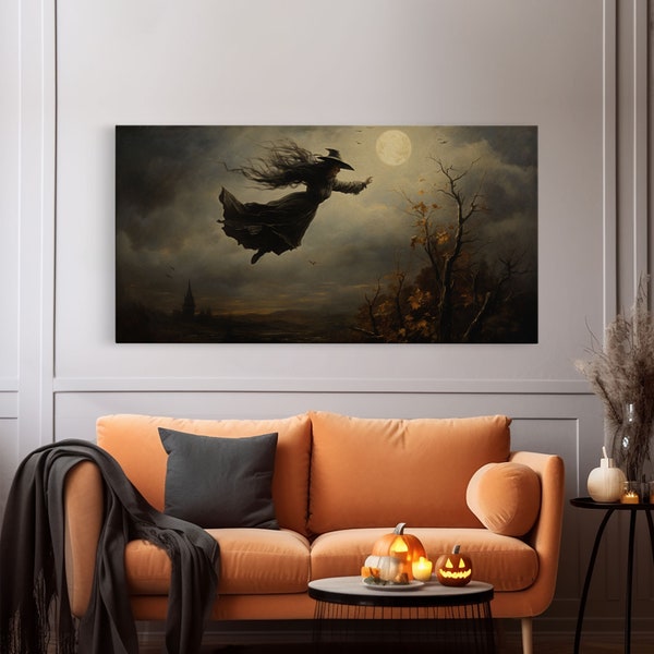 The Flying Witch, Framed Canvas Print, Halloween Wall Art, Horror Prints, Halloween Decoration