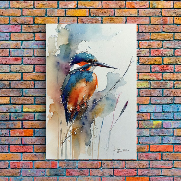 Watercolor of a Kingfisher, Framed Canvas Print, Bird Painting, Bird Watcher Art, Blue and Orange Kingfisher Watercolor Painting