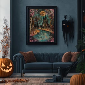 Haunted Castle by the Lake Framed Canvas Print, Halloween Wall Art, Spooky Art, Home Decor, Living Room Decor, Gothic Artwork, Creepy Castle image 16