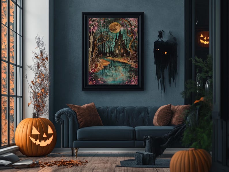 Haunted Castle by the Lake Framed Canvas Print, Halloween Wall Art, Spooky Art, Home Decor, Living Room Decor, Gothic Artwork, Creepy Castle image 16