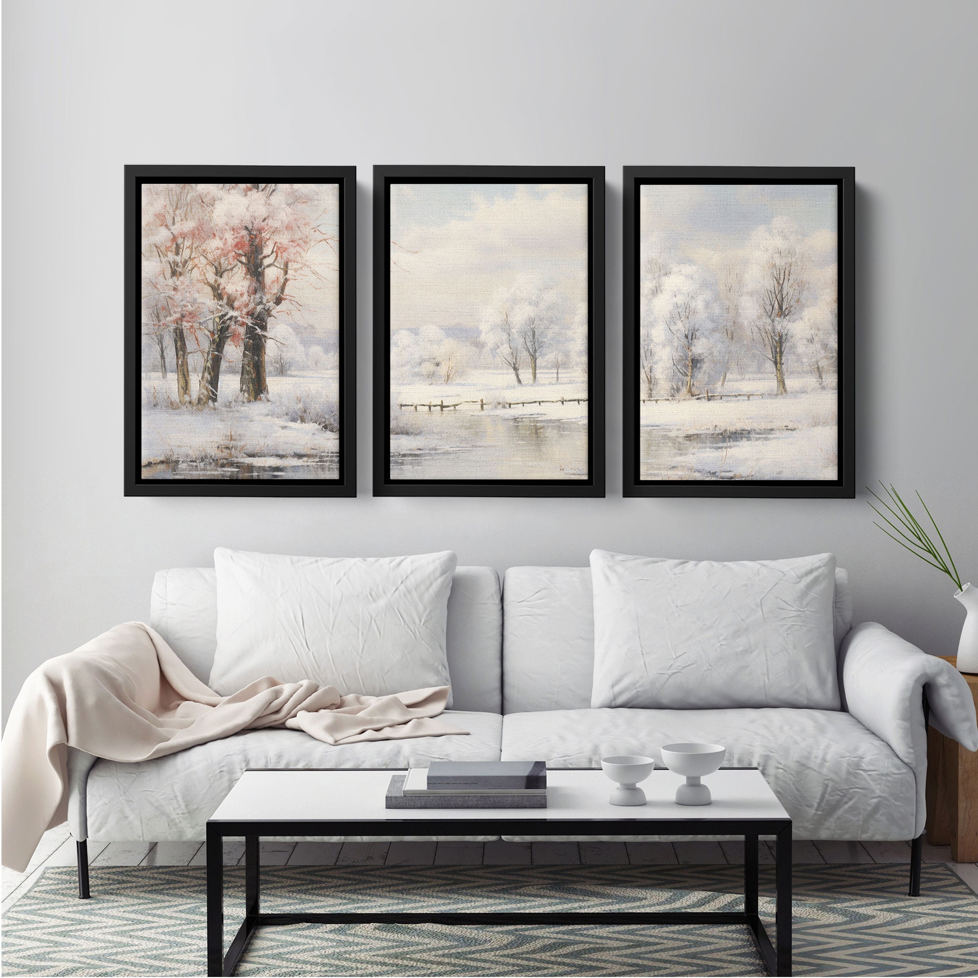3 Piece Winter Scene, Framed Canvas Prints, Triptych Christmas Painting, Christmas Decor, Winter Art, Christmas Wall art, Xmas Art