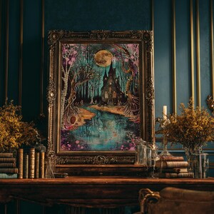 Haunted Castle by the Lake Framed Canvas Print, Halloween Wall Art, Spooky Art, Home Decor, Living Room Decor, Gothic Artwork, Creepy Castle image 13