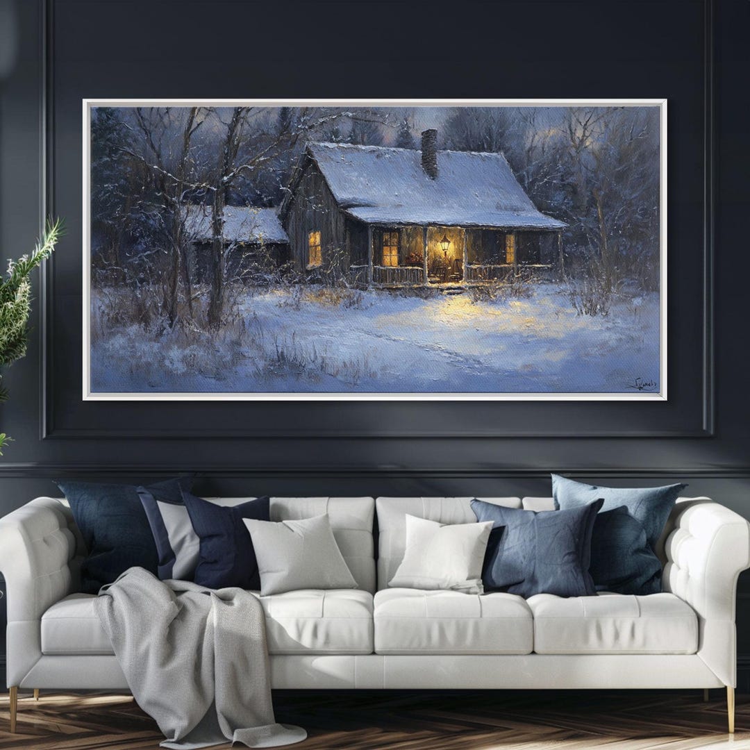 Cozy Winter Cabin Scene Framed Canvas Print With Snowy Landscape ...