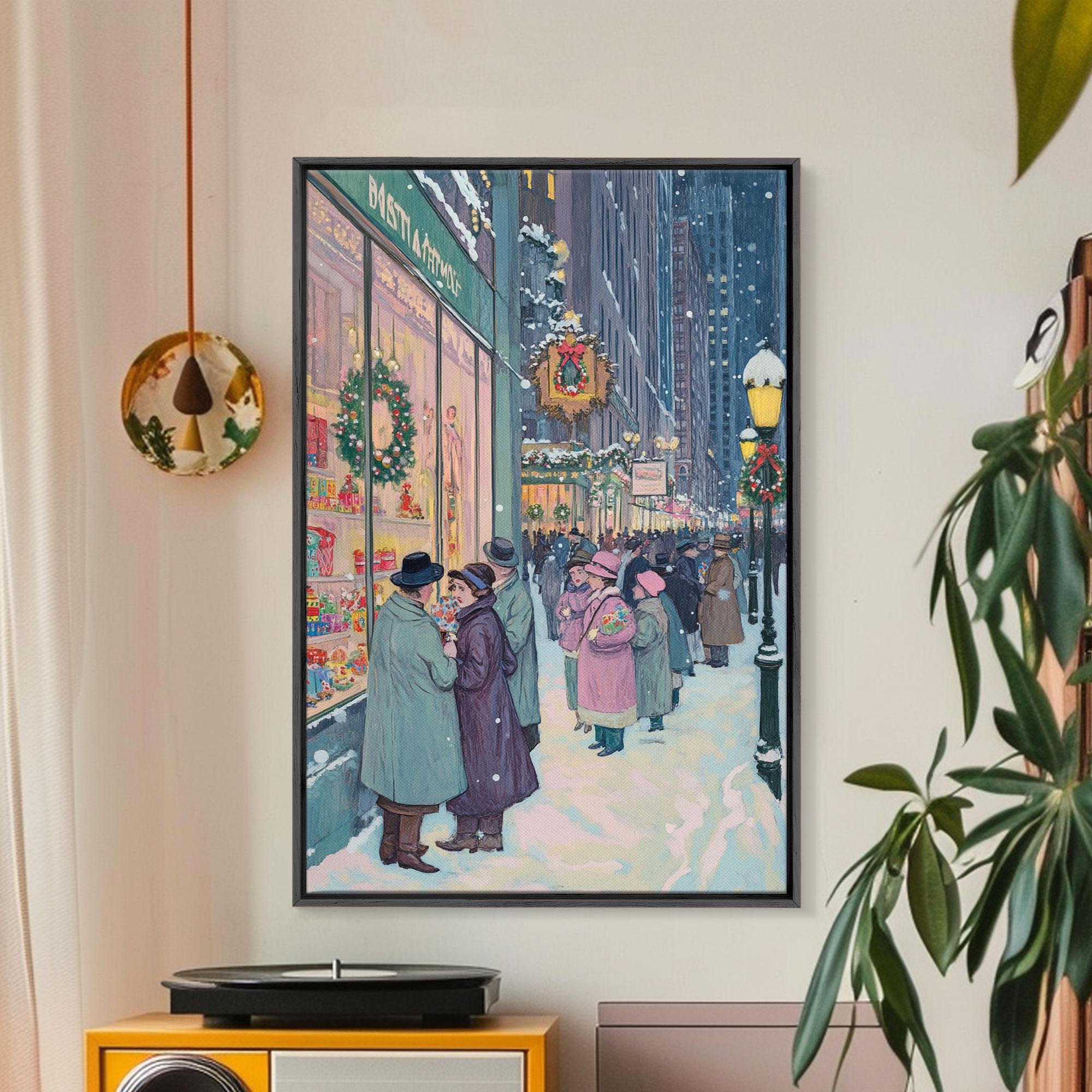 Retro Christmas Shoppers Admiring Store Window Displays in Snowy City Street, Perfect for Vintage Christmas Wall Art, Framed Canvas Print
