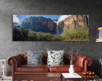 Photographic Panoramic of Angel Falls Venezuela, Sunset Photography, National Park Art, Framed Canvas Print, Landscape Photography