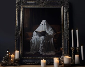 Victorian Ghost Reading A Book, Reading Lover Gift, Vintage Canvas, Art Canvas Print, Dark Academia, Haunting Ghost, Halloween Decoration