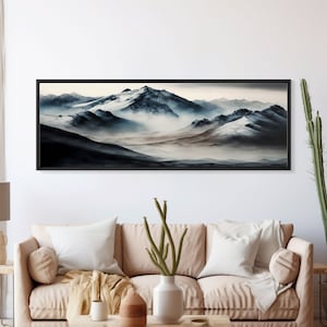 Panoramic Framed Canvas Print of Watercolor Snowy Mountain Lake Reflection Landscape Painting, Unique Landscape Wall Art