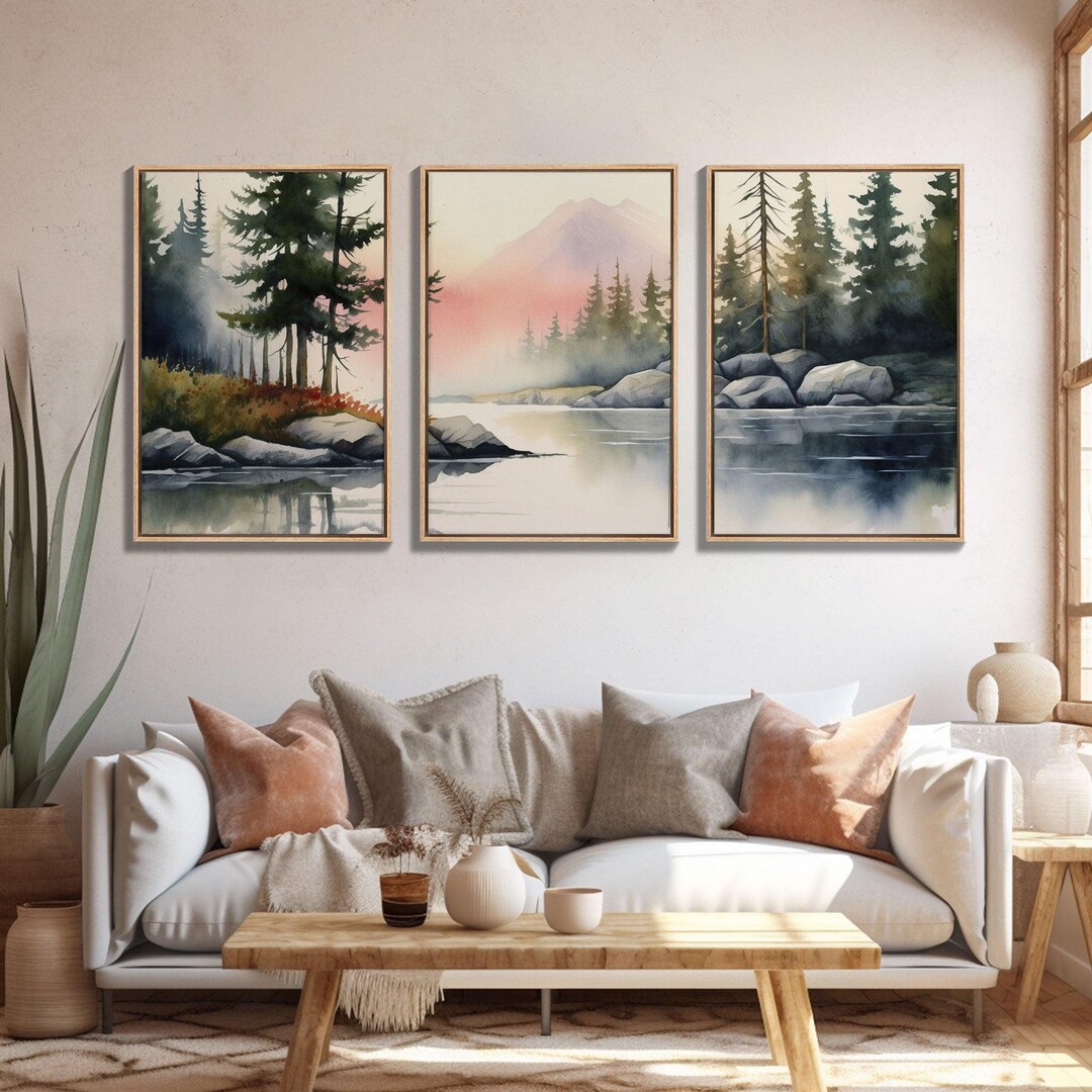 Framed Canvas Wall Art Set of 3 Pastel Mountain Range Lake Nature ...