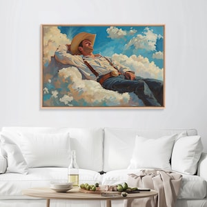 Cowboy In The Clouds | Framed Canvas Print or Metal Art | Wild West Decor | Cottagecore | Southwestern Art Home Decor, Farmhouse Western Art
