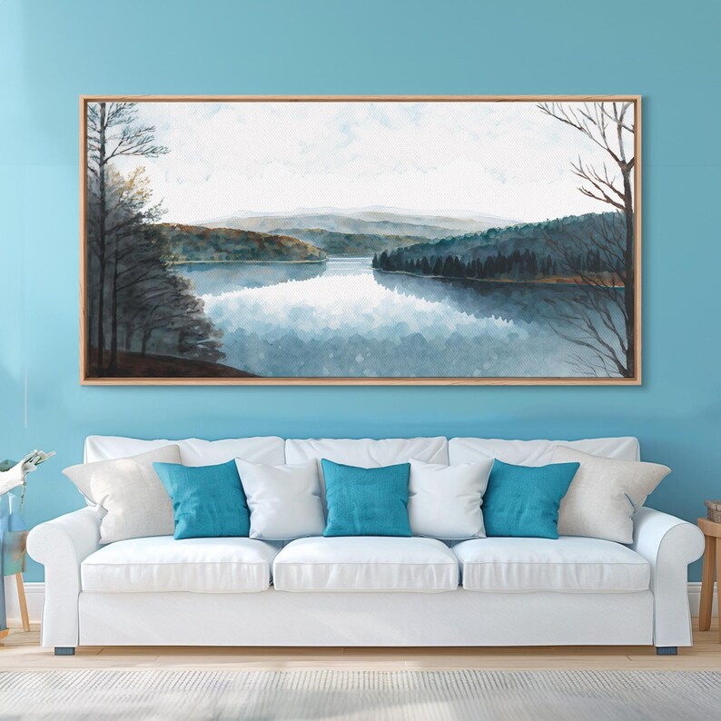 Art du lac bleu | Impression sur toile encadrée | Tableau Blue Lake | Décoration Lake House | Peinture de paysage de chambre d'amis | Tableau sur le lac Détroit image 3