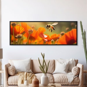 Panoramic Macro Photo Of a Honey Bee, Framed Canvas Print, Nursery Decor, Bee Art, Unique Wall Art / Gift Idea