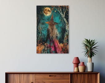 Wild Flower Springtime Witch Under A Full Moon, Framed Canvas Print, Witchy Decor, Kitsch Decor, Boho Art, Halloween Witch Art