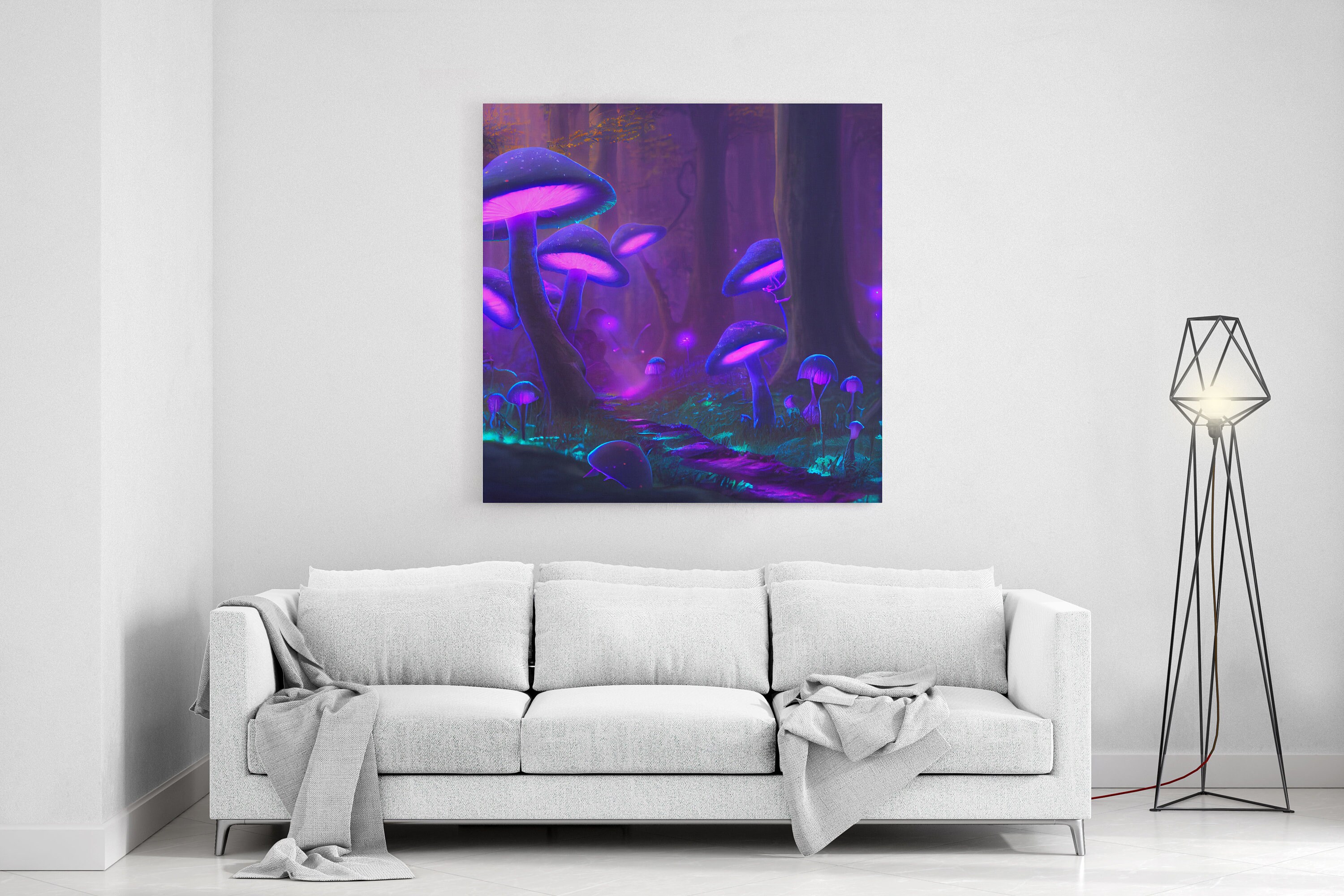 bioluminescent glowing mushrooms in a magic forest, fantasy art, framed canvas print, wall art decor