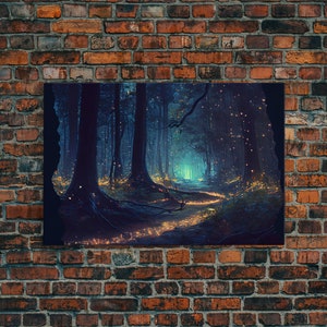 Fireflies light up a mystical fantasy forest at night, framed canvas art, framed print