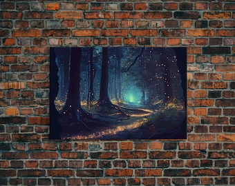 Fireflies light up a mystical fantasy forest at night, framed canvas art, framed print