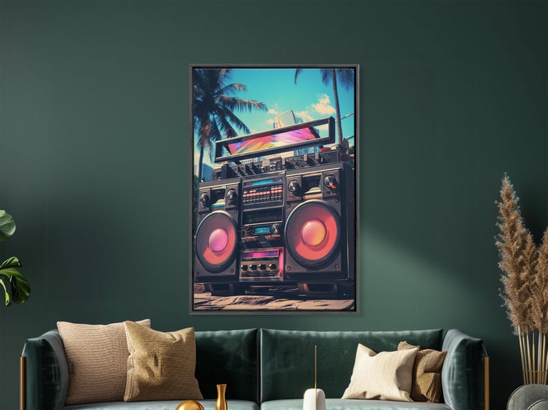Vintage Boombox Canvas Print, 80s Vaporwave Aesthetic Wall Art, Boombox Print, cd boombox art, Music Studio Art, Studio Decor image 2
