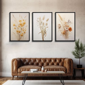 Rustic Framed Canvas Wall Art Set of 3, Modern Farmhouse Decor, Botanical Prints, Neutral Colors, Minimalist Art, Boho Farmhouse Decor