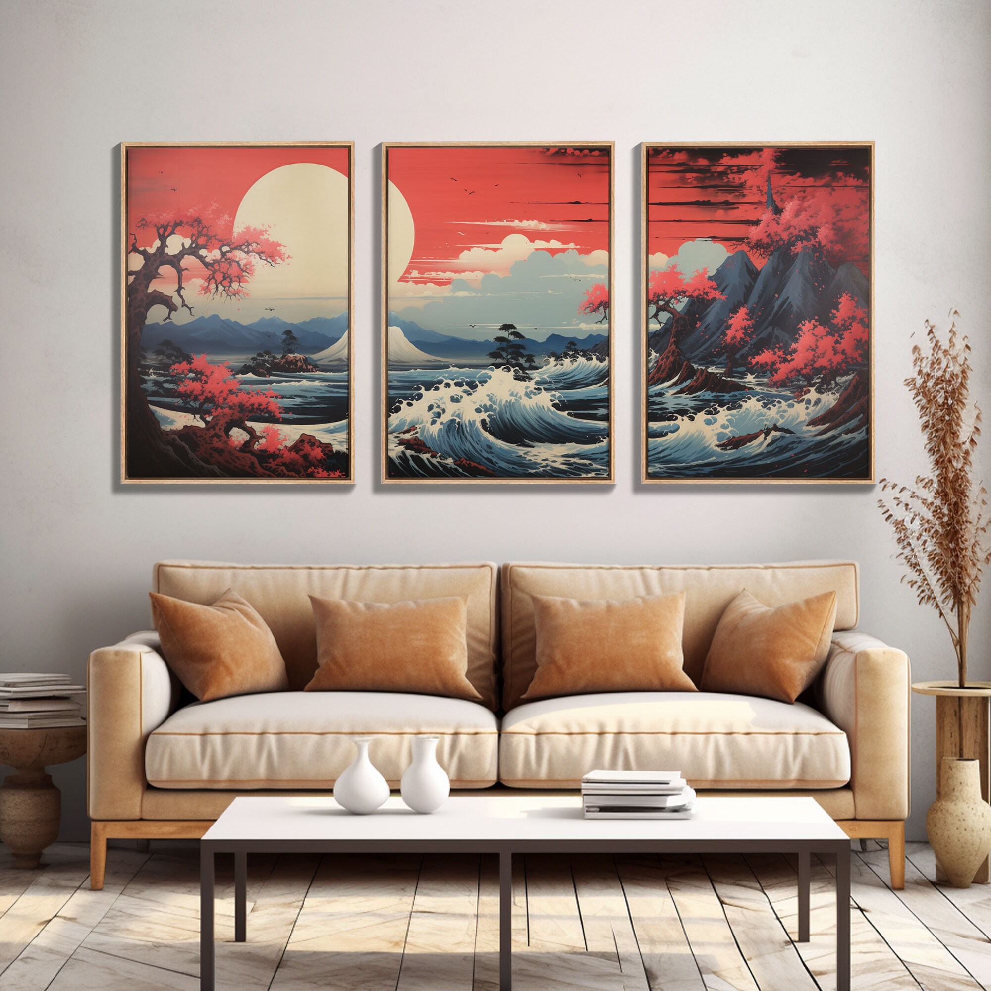 Japanese Mountain Sunset Wall Art - 3 Piece Canvas Print for Dorm or ...