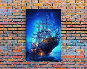 Haunted Pirate Ghost Ship Under The Night Sky, Framed Canvas Print, Fantasy Wall Art, Wall Decor, Pirate Wal Art, Gift For Him, Kid's Room