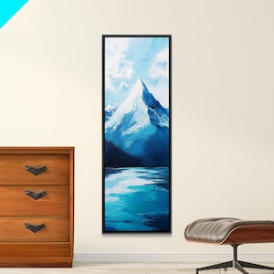 Snowy peak, mountain painting, landscape painting, blue and green wall art, panoramic art, framed canvas print, above sofa art