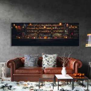 May include: A panoramic photograph of a dimly lit bar with shelves stocked with bottles of liquor. The bar is lit with warm, yellow lights and has a dark wood countertop. The bar is empty, but there are several empty glasses on the counter.