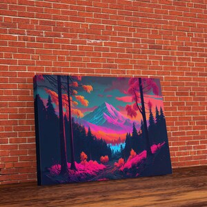 Synthwave style watercolor painting of a mountain and forest, framed canvas print, colorful wall art