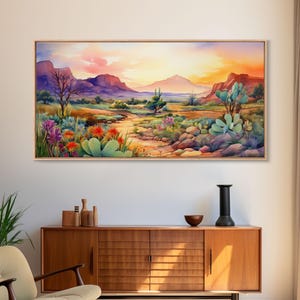 Southwestern Desert Landscape Print, Floral Print, Framed Canvas Art, Vibrant Cactus Desert Art, Mid-Century Modern, Pastel Desert Decor
