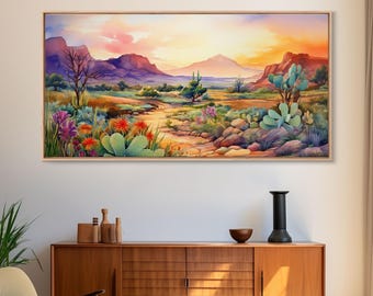 Southwestern Desert Landscape Print, Floral Print, Framed Canvas Art, Vibrant Cactus Desert Art, Mid-Century Modern, Pastel Desert Decor