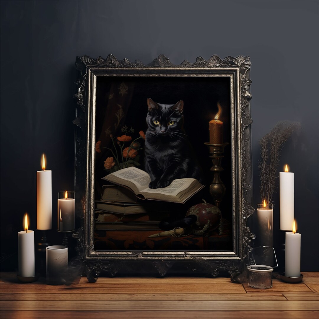 Spooky Black Cat Witch Familiar Print, Vintage Canvas, Art Canvas Print ...