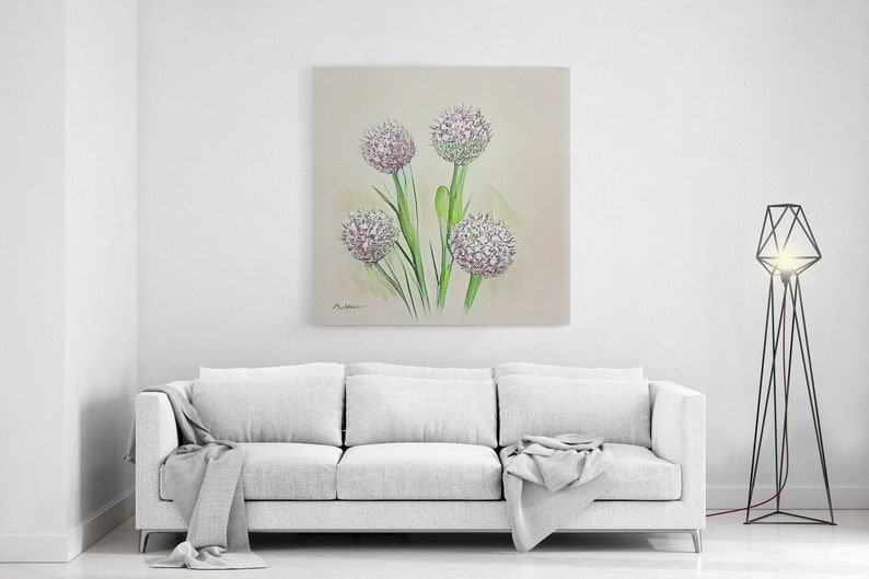 allium roseum, Watercolor Flower Art, Floral Art, Gifts for Her, framed canvas print, wall art image 1