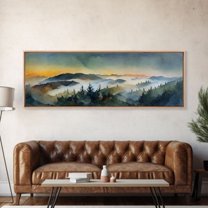 Beautiful Watercolor Landscape, Ready To Hang Canvas Print, Panoramic Art, Above Sofa Wall Art, Wood Framed Art, Living Room Decor
