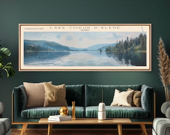 Lake Coeur dAlene Idaho Framed Canvas Print, Lake House Decor, Panoramic Wall Art, Travel Poster, Scenic Lake Painting, Home Art