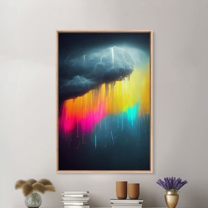 Rainbow In A Rain Cloud, Abstract Art Poster Print, Lightning, Rain, Stormy Rainbow, Cool Wall Art, Colorful Wall Decor, Neon Rain Cloud
