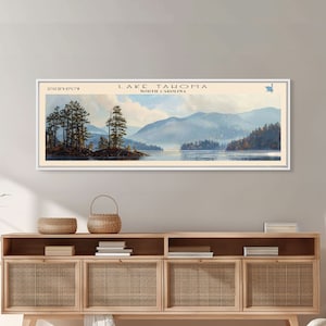 Lake Tahoma North Carolina Framed Canvas Print, Lake House Decor, Panoramic Wall Art, Travel Poster, Serene Landscape Painting, Rustic Art