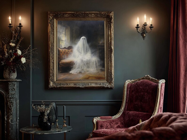 The Ghost Sits On The Sofa, Framed Canvas or Canvas Print, Gothic Victorian Halloween Painting, Cool Halloween Decor image 17