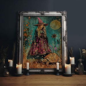Witch With Tortoise Canvas Print - Halloween Art, Spooky Home Decor, Witch Wall Art, Witch Painting, Halloween Decor, Framed Canvas Print