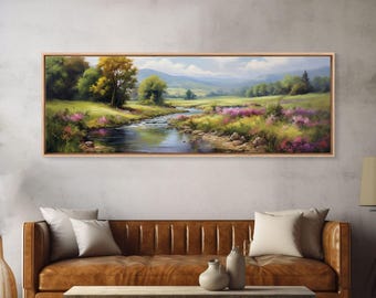 The Meadow, Framed Canvas Print, Framed Wall Art, Large Watercolor Painting, Panoramic Landscape Art Print, Modern Landscape Original Art