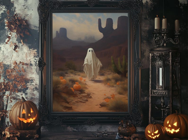 Wild West Cowboy Ghost, Western Halloween Decor, Framed Canvas Print, Halloween Canvas Art, Cowboy Halloween, Southwestern Art image 2