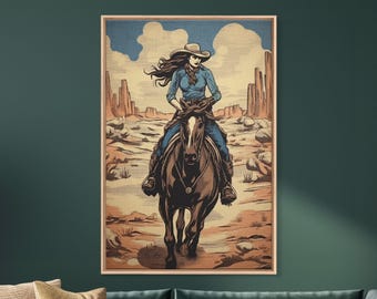 Western Cowgirl Painting Print, Vintage Wall Art, Mid Century Decor, Antique Oil Painting, Moody Print, Western Poster Art