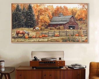 Autumn Barn Pumpkin Horses Canvas Print Farmhouse Fall Decor Seasonal Wall Art Framed Canvas Print Rustic Fall Farmhouse Wall Art