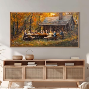 Thanksgiving Dinner With Family At Rustic Cabin, Cozy Fall Harvest Scene Wall Art, Warm Autumn Framed Canvas Print, Country Decor