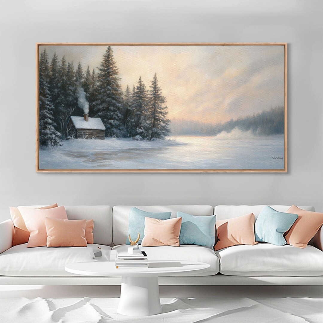 Winter Cabin by the Lake Tall Art Framed Canvas Print Snow Covered ...