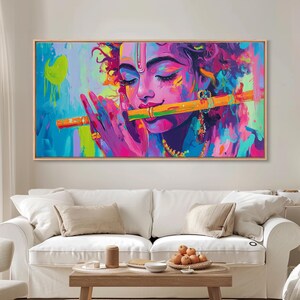 Radha Krishna Painting Print, Hindu Wall Art, Framed Canvas Print, Hinduism Wall Art, Krishna Wall Art, Krishna Playing A Flute afbeelding 7